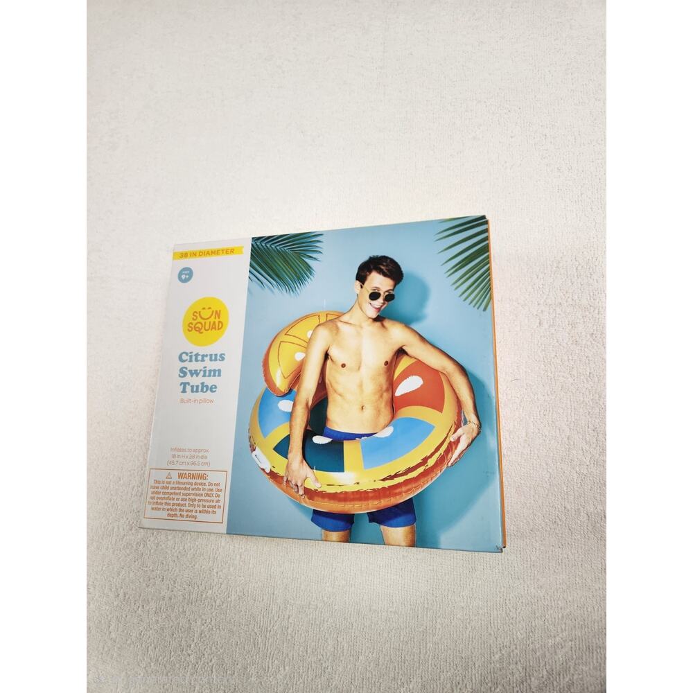 Sun Squad inflatable Citrus swim tube with built in pillow 38'' in Diameter New
